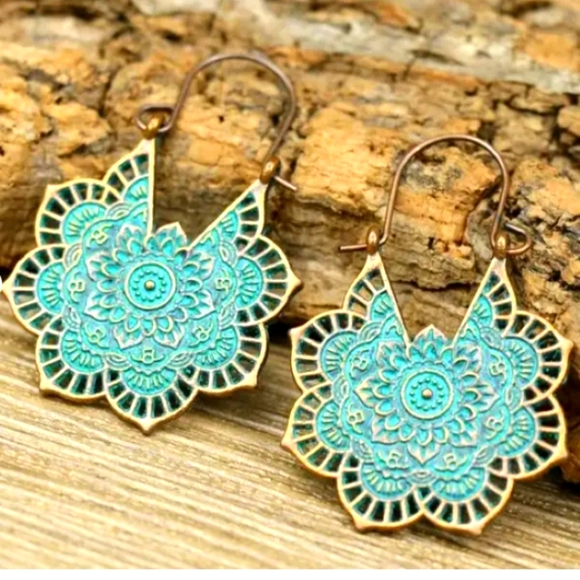 Mandala Jewelry - Turquoise & Bronze Tone Dangle Drop Earrings - Bohemian - Chic